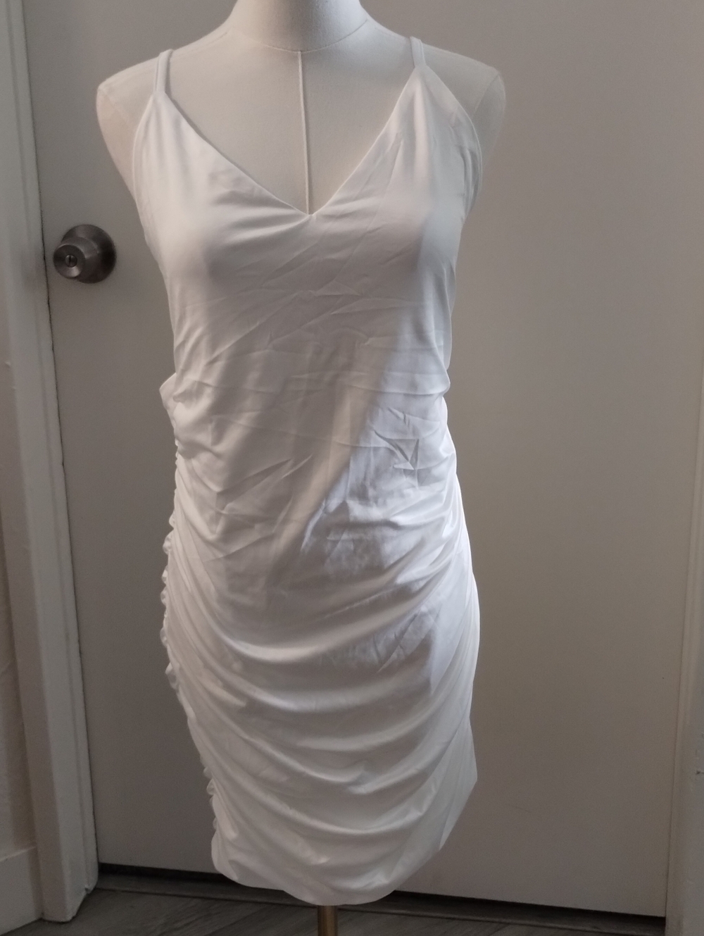 Source Unknown White Ruched V-Neck Spaghetti Strap Mini Dress